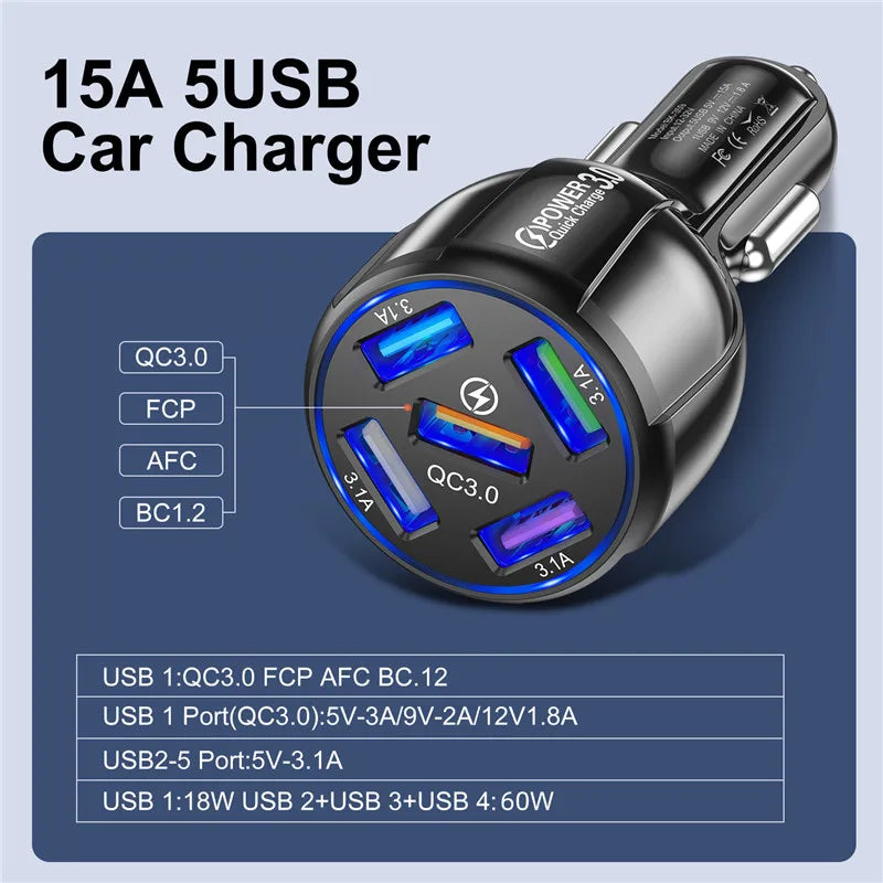 USLION 5 Port USB Fast Charging Car Charger For Xiaomi POCO Realme Quick Charge 3.0 Charging Mobile Phone Charger in Car Adapter