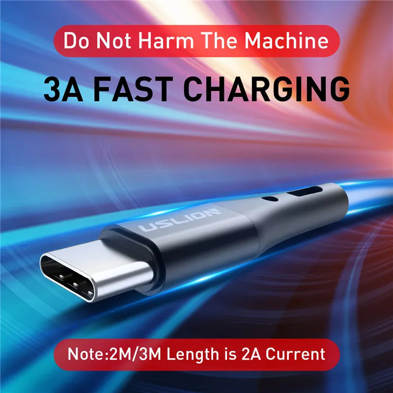 USLION 3A USB Type C Cable Type C Fast Charging Wire For Samsung Xiaomi Huawei Mobile Phone USB C Charger Cable Red 1m 2m 3m