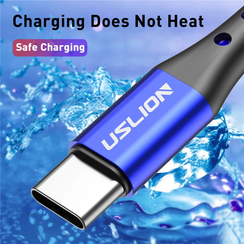 USLION 3A USB Type C Cable Type C Fast Charging Wire For Samsung Xiaomi Huawei Mobile Phone USB C Charger Cable Red 1m 2m 3m