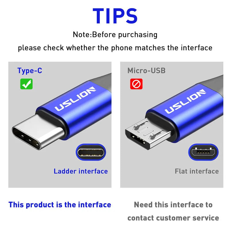 USLION 3A USB Type C Cable Type C Fast Charging Wire For Samsung Xiaomi Huawei Mobile Phone USB C Charger Cable Red 1m 2m 3m