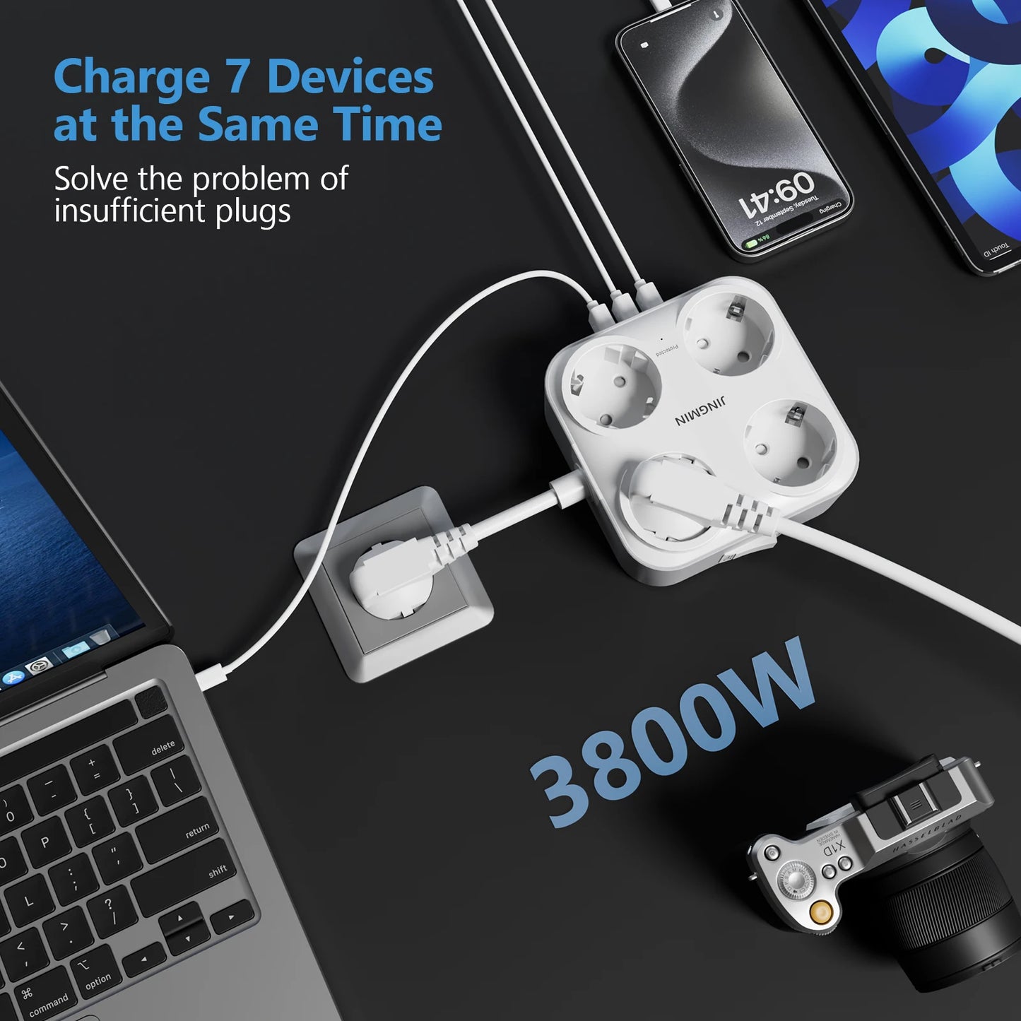 EU Plug Multi Outlets Power Strip with 4 AC Outlets 3USB Ports Electrical Extension Socket With 0.5M Fast Charge Adapter On Home