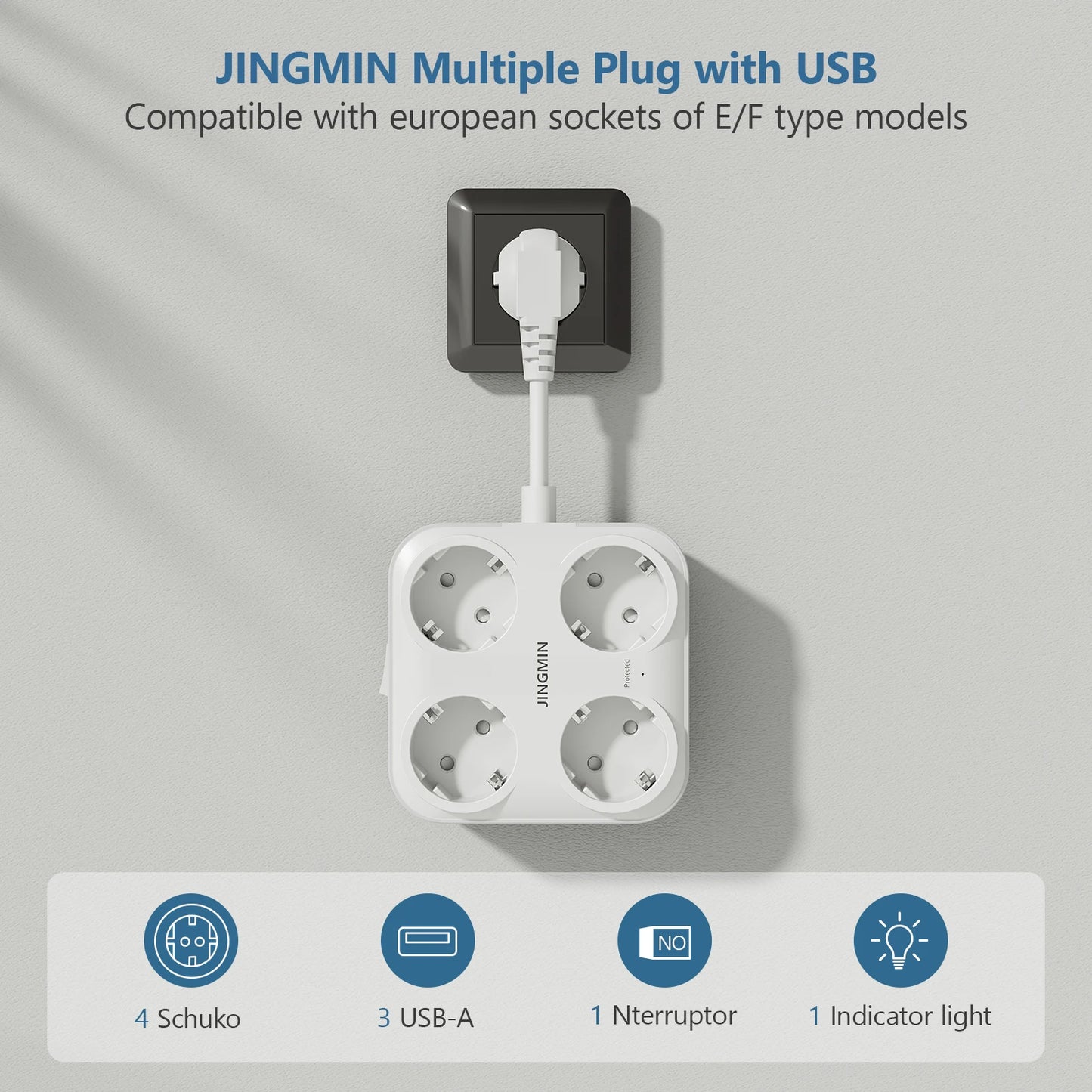 EU Plug Multi Outlets Power Strip with 4 AC Outlets 3USB Ports Electrical Extension Socket With 0.5M Fast Charge Adapter On Home