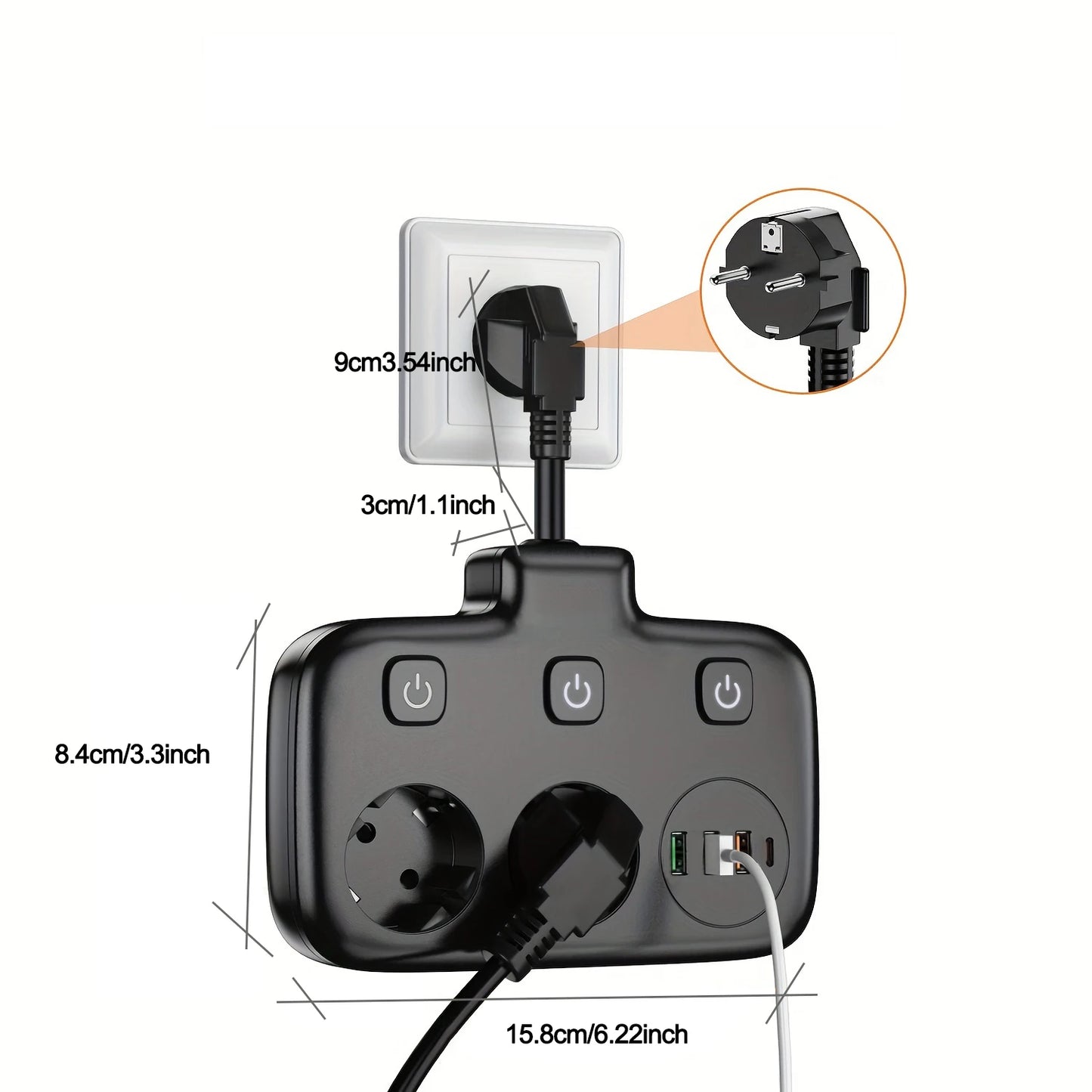 EU KR Plug Power Strip | AC Outlets | Multitap Electrical Wall Socket | Extension Cord | USB C Ports | Fast Charging | Network Filter