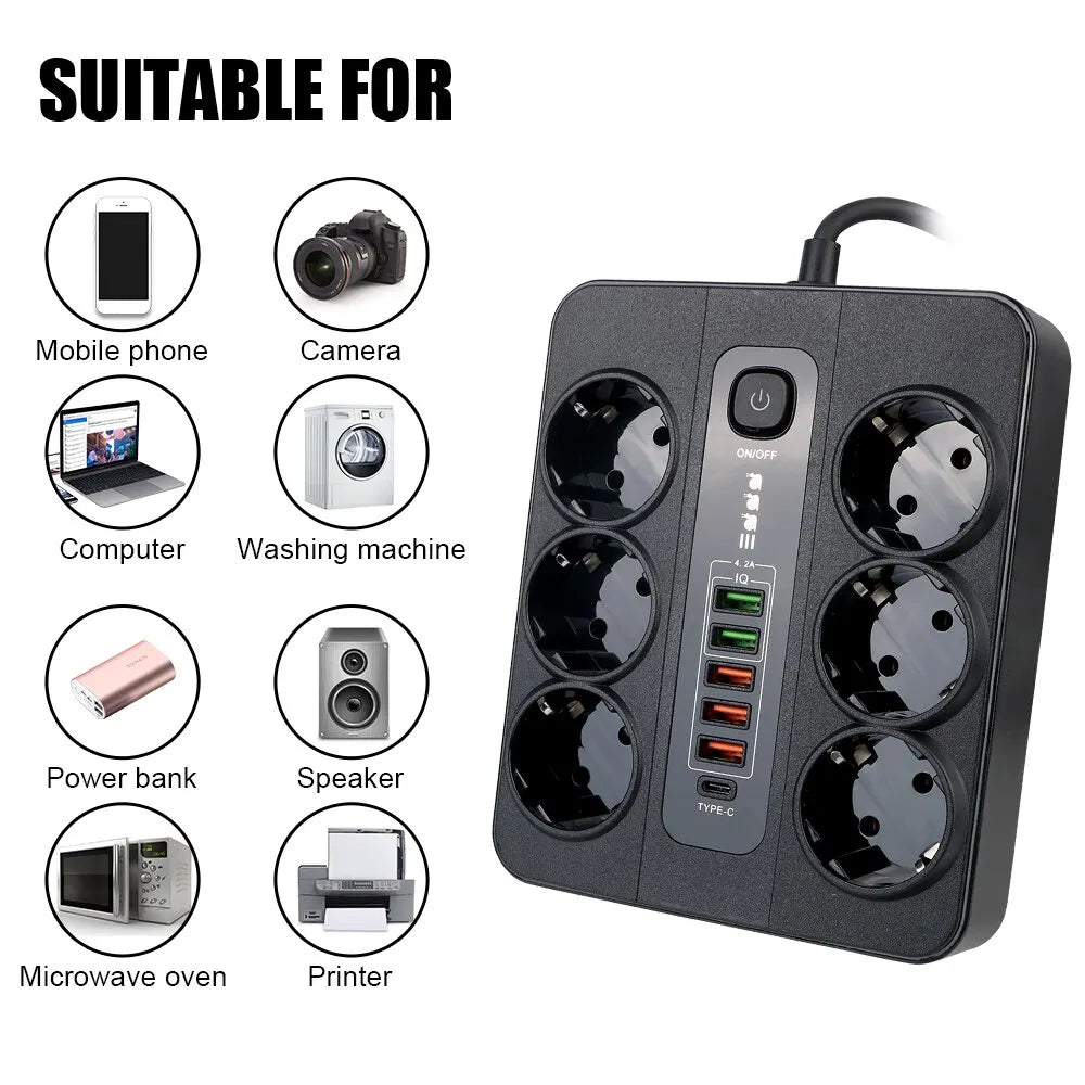 Extension Socket | With Safety Switch | Power Strip | For Office Home | EU Plug | 3000W | 2M Cable | Overload Protection | USB Type C Ports