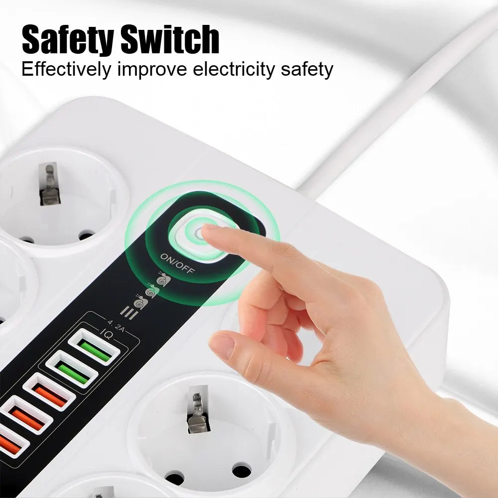 Extension Socket | With Safety Switch | Power Strip | For Office Home | EU Plug | 3000W | 2M Cable | Overload Protection | USB Type C Ports