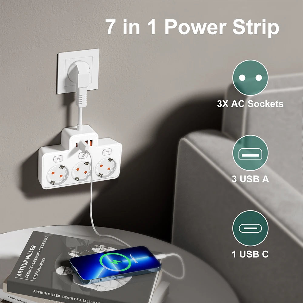 EU AC Plug Power Strip | Wall Mounted | Independent Switch | Multitap | Network Filter | USB C Charging | Network Filter Adapter