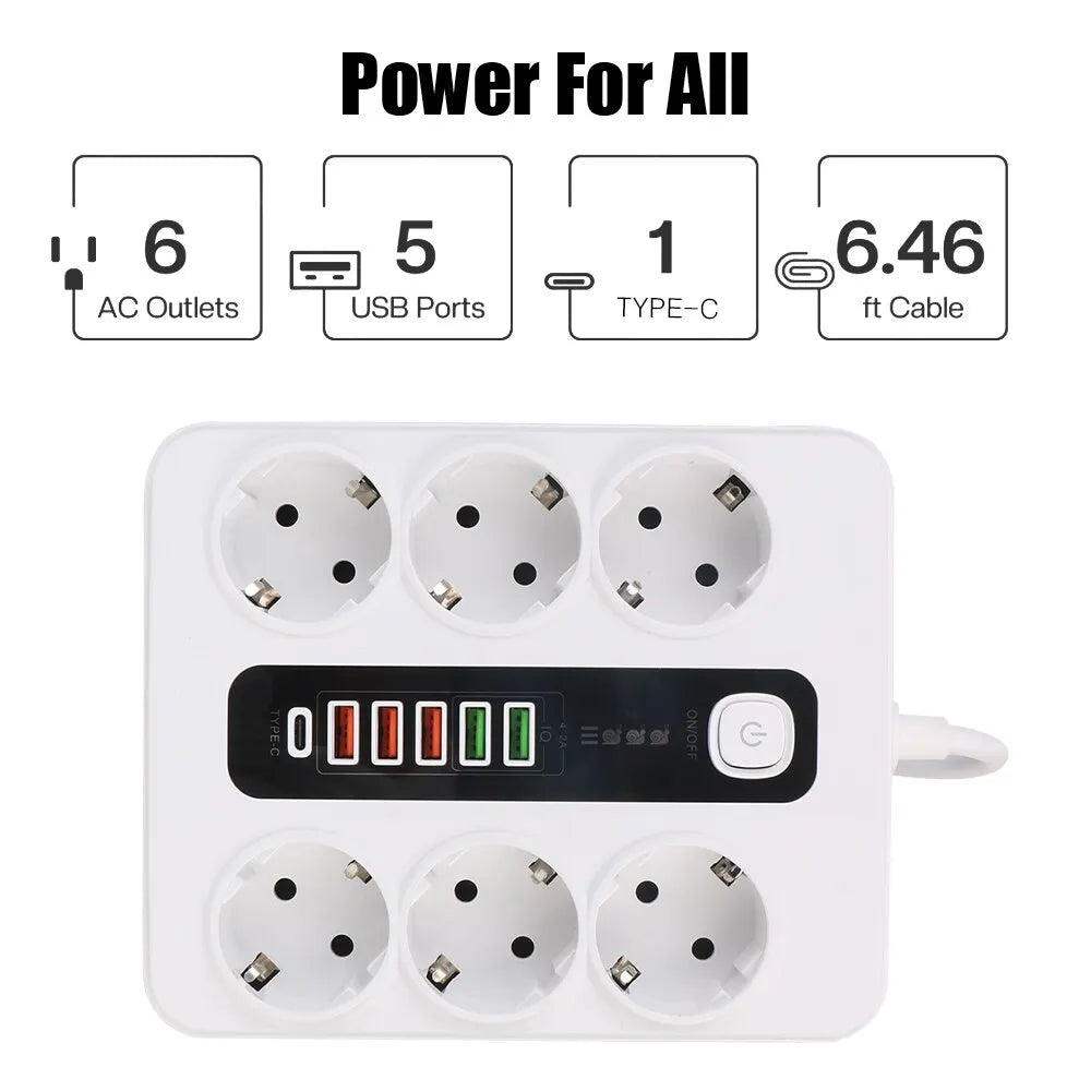 Extension Socket | With Safety Switch | Power Strip | For Office Home | EU Plug | 3000W | 2M Cable | Overload Protection | USB Type C Ports
