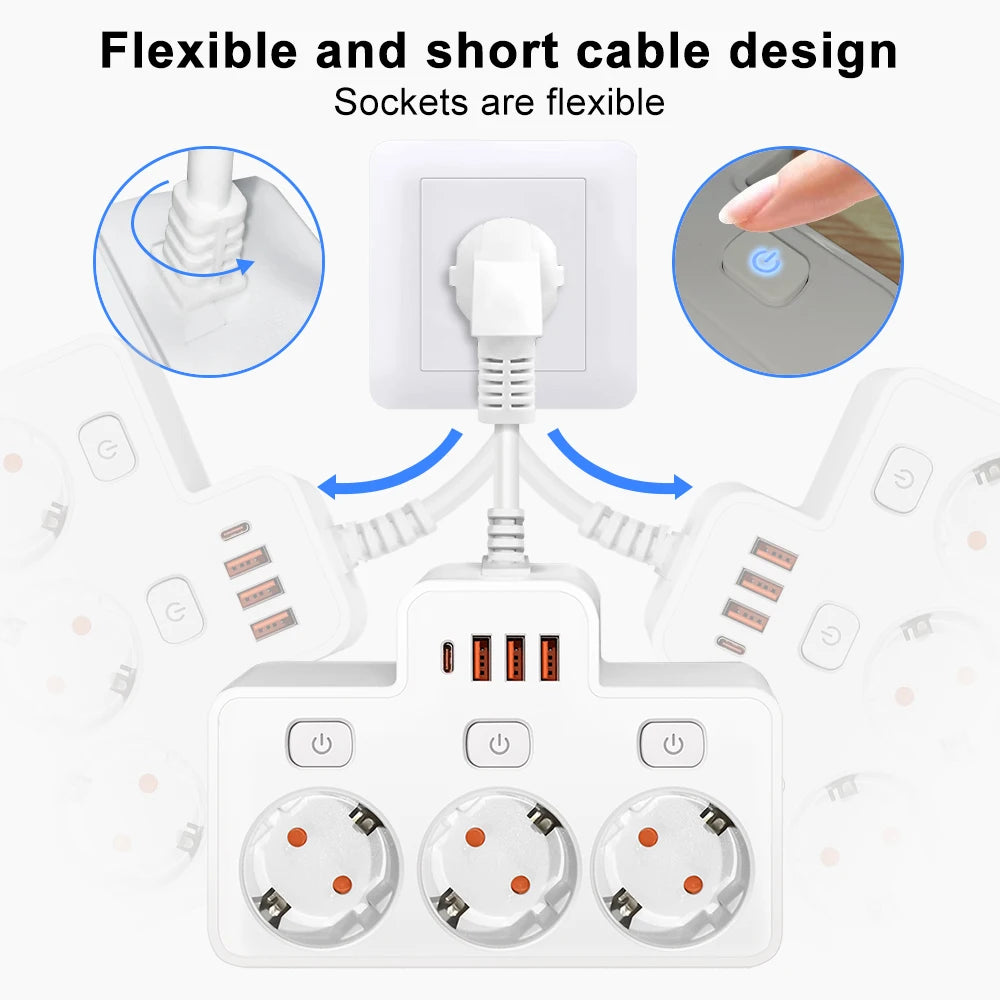EU AC Plug Power Strip | Wall Mounted | Independent Switch | Multitap | Network Filter | USB C Charging | Network Filter Adapter