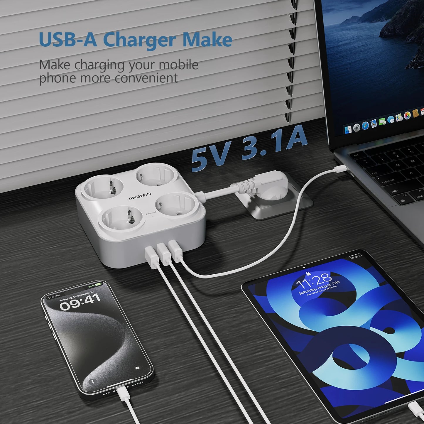 EU Plug Multi Outlets Power Strip with 4 AC Outlets 3USB Ports Electrical Extension Socket With 0.5M Fast Charge Adapter On Home