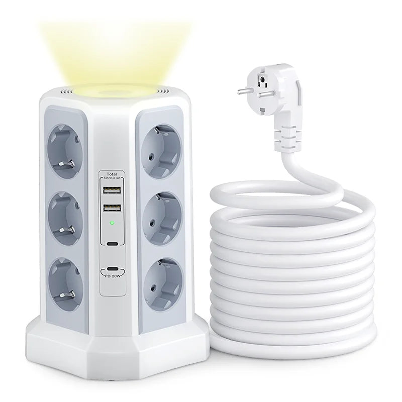 Surge Protector Multi-Socket, 4000W, 16A, with 2 USB A and 2 USB C Ports, 1.8m Extension Cable, Gray Model with Night Light