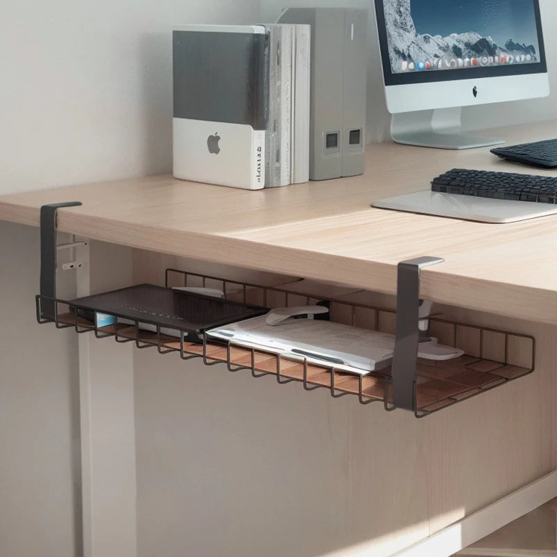 Under Table Storage Rack Metal Cable Management Tray Home Office Desk Wire Organizer No Punching Kitchen Storage Accessories