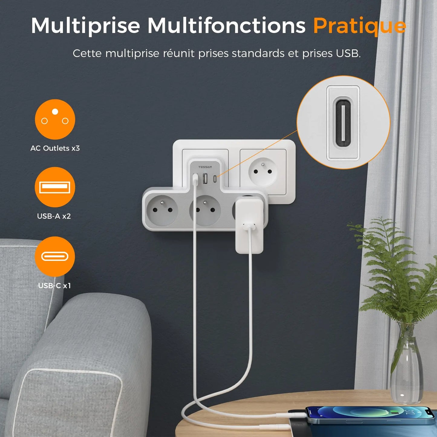 TESSAN | 6 in 1 Multiple Socket Extender | Power Strip | 3 French Sockets | 3 USB Ports (1 USB C) | USB Wall Charger | for Home & Office