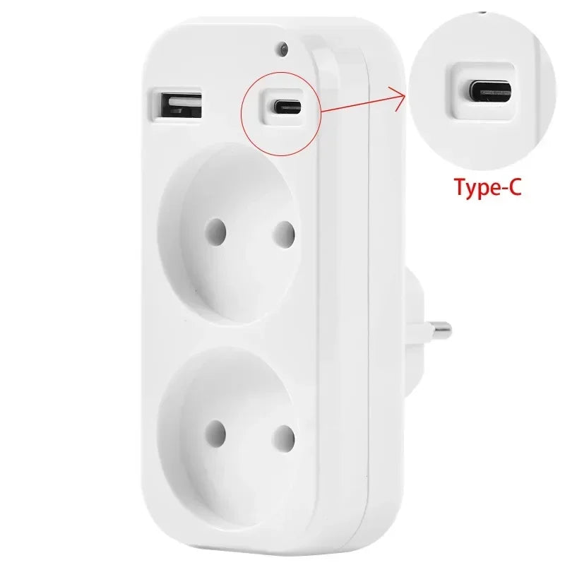 EU Plug Conversion 2 Socket Plug Multifunctional Socket Portable with USB Type-C Port German Spain French Russian Power Adapter