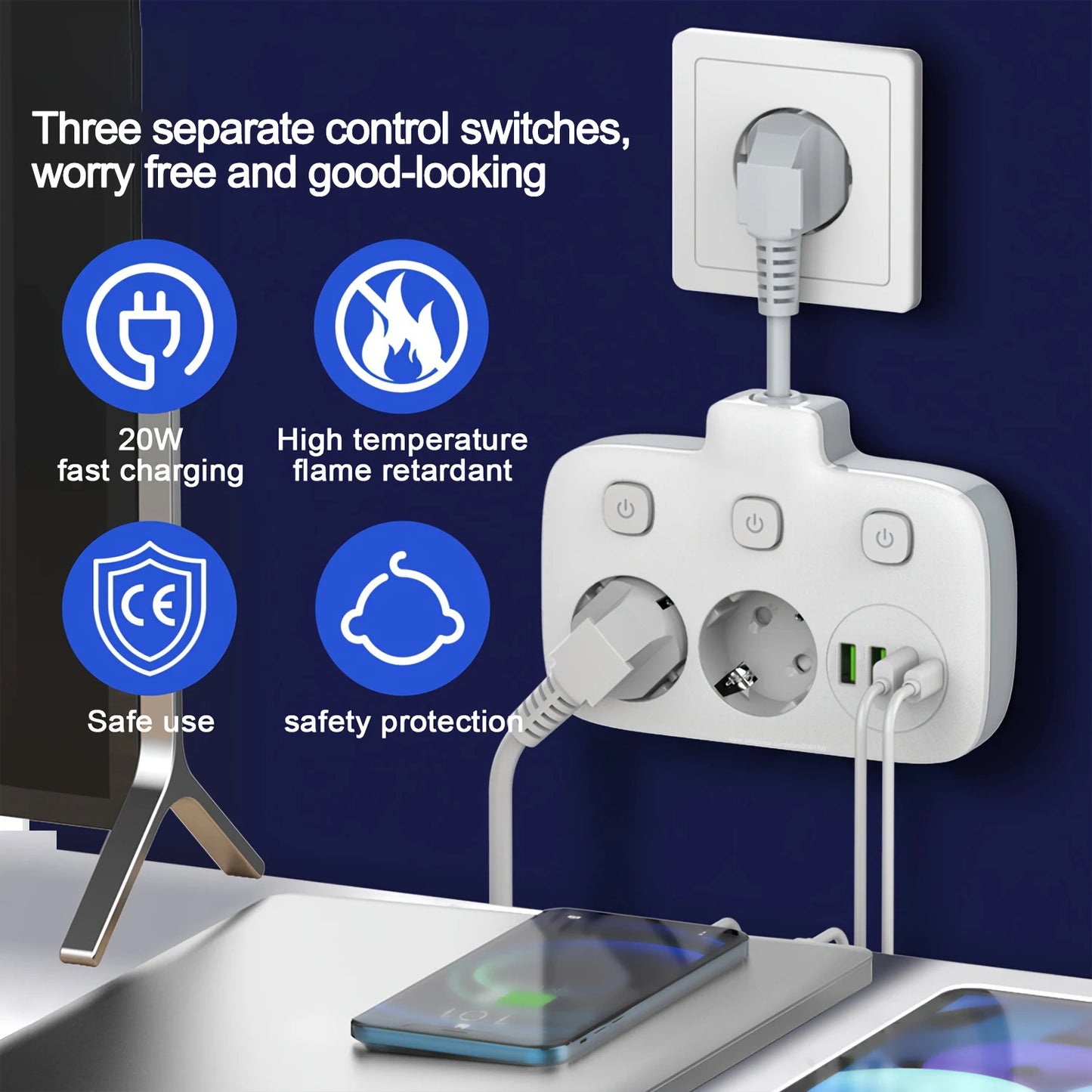 EU KR Plug Power Strip | AC Outlets | Multitap Electrical Wall Socket | Extension Cord | USB C Ports | Fast Charging | Network Filter