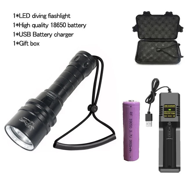 High Power Diving Flashlight IP68 Highest Waterproof Rating Professional Diving Light Powered by 18650 Battery With Hand Rope