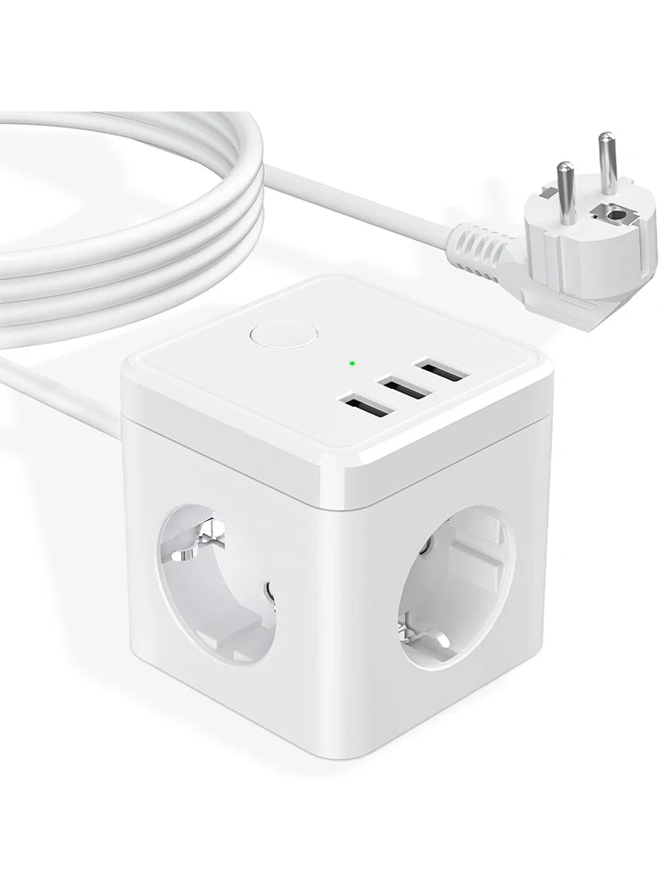 Cube Multiple Socket With USB Fast Charging Port,3-way Socket With Switch, 2 Euro And 1 Schuko Socket for Home Bedroom Office