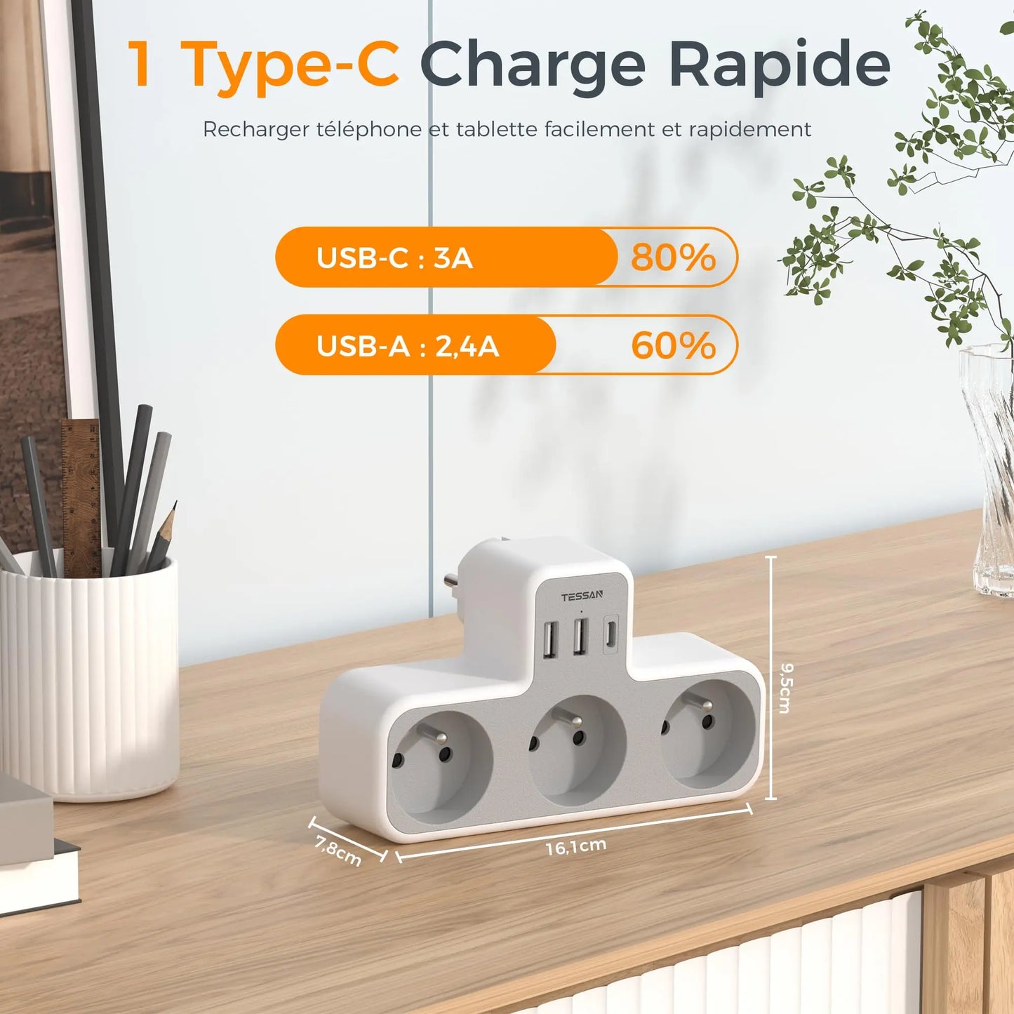 TESSAN | 6 in 1 Multiple Socket Extender | Power Strip | 3 French Sockets | 3 USB Ports (1 USB C) | USB Wall Charger | for Home & Office