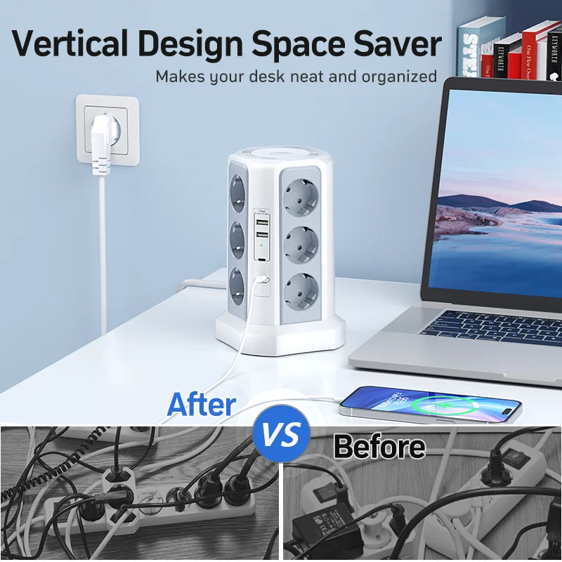 Surge Protector Multi-Socket, 4000W, 16A, with 2 USB A and 2 USB C Ports, 1.8m Extension Cable, Gray Model with Night Light