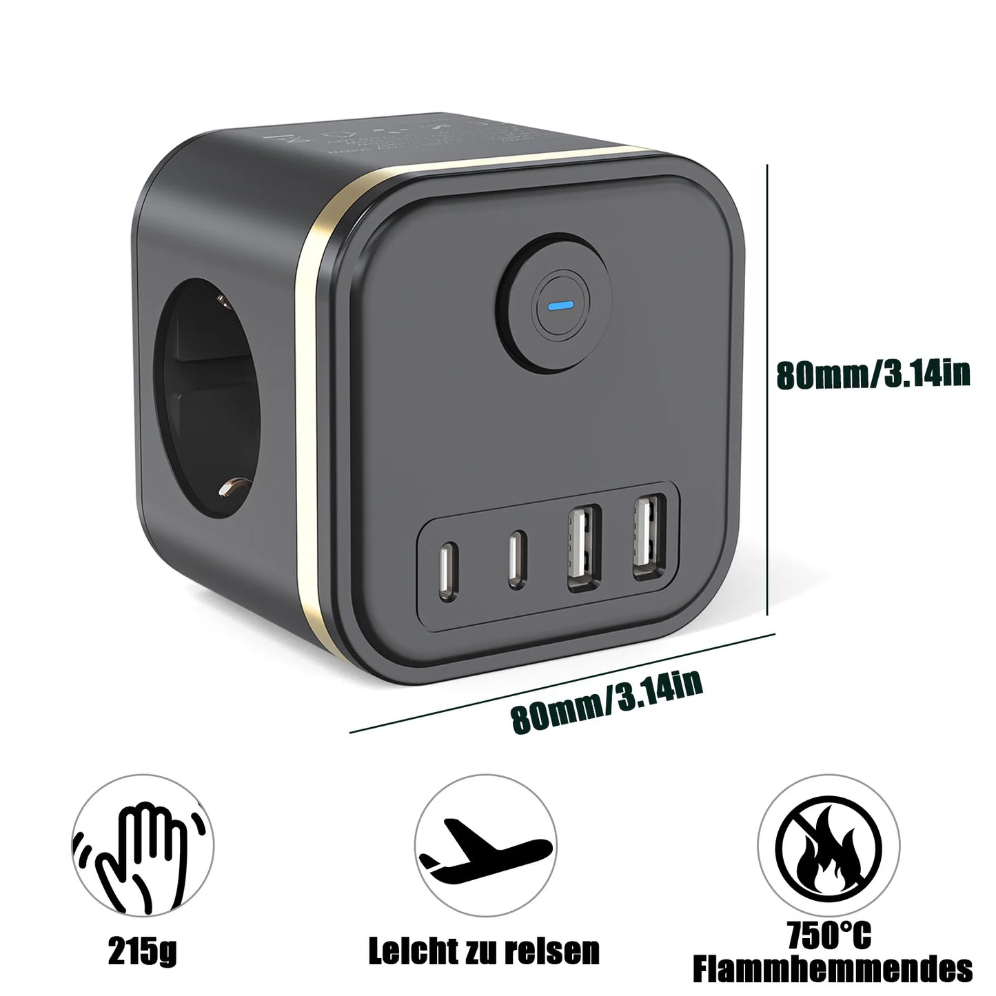 European plug wall socket power strip with 3 AC outlets, 2 USB and 2 Type-C ports fast charging extender with indicator switch
