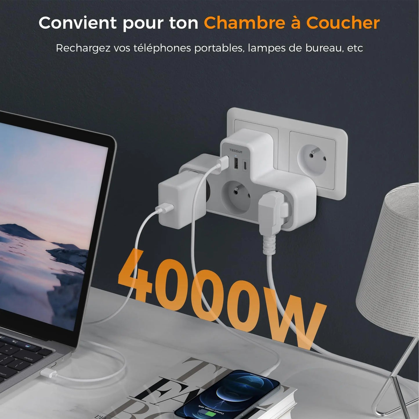TESSAN | 6 in 1 Multiple Socket Extender | Power Strip | 3 French Sockets | 3 USB Ports (1 USB C) | USB Wall Charger | for Home & Office