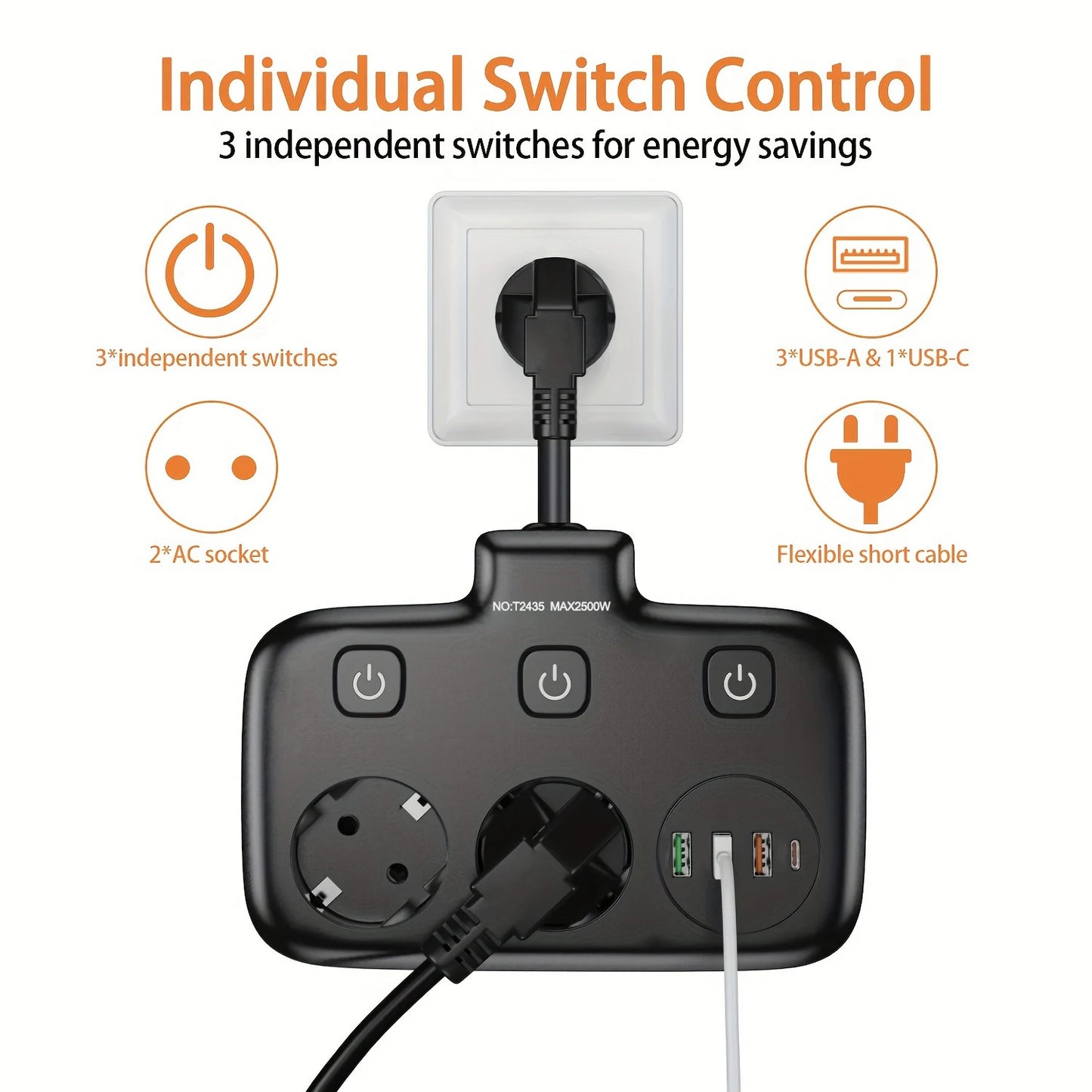 EU KR Plug Power Strip | AC Outlets | Multitap Electrical Wall Socket | Extension Cord | USB C Ports | Fast Charging | Network Filter