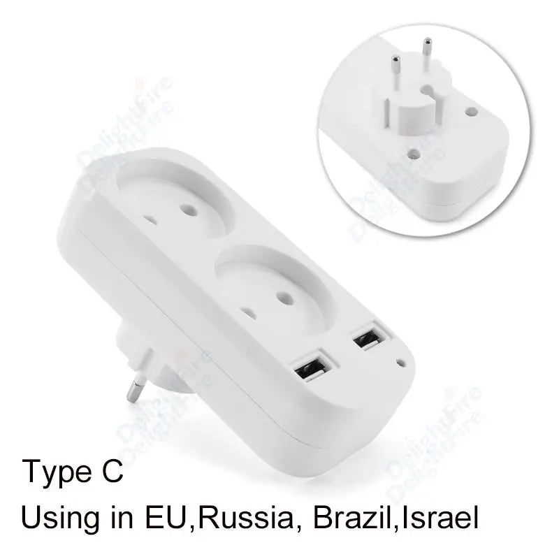 Wall Outlet USB EU Plug Adapter 1 To 2 Way European Standard Extender Socket With 2 USB Port Power Strip AC Convert Adaptor