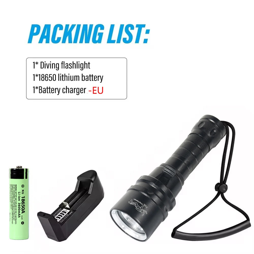 High Power Diving Flashlight IP68 Highest Waterproof Rating Professional Diving Light Powered by 18650 Battery With Hand Rope