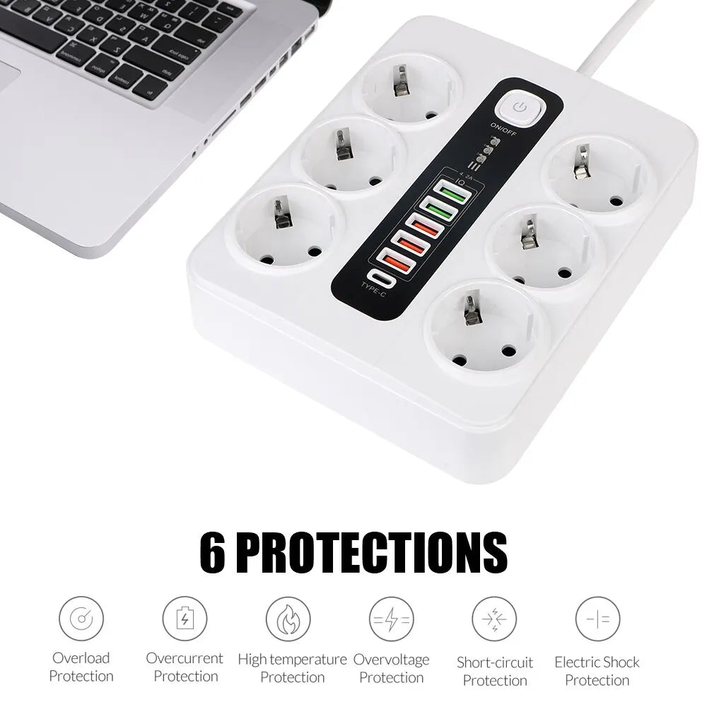Extension Socket | With Safety Switch | Power Strip | For Office Home | EU Plug | 3000W | 2M Cable | Overload Protection | USB Type C Ports
