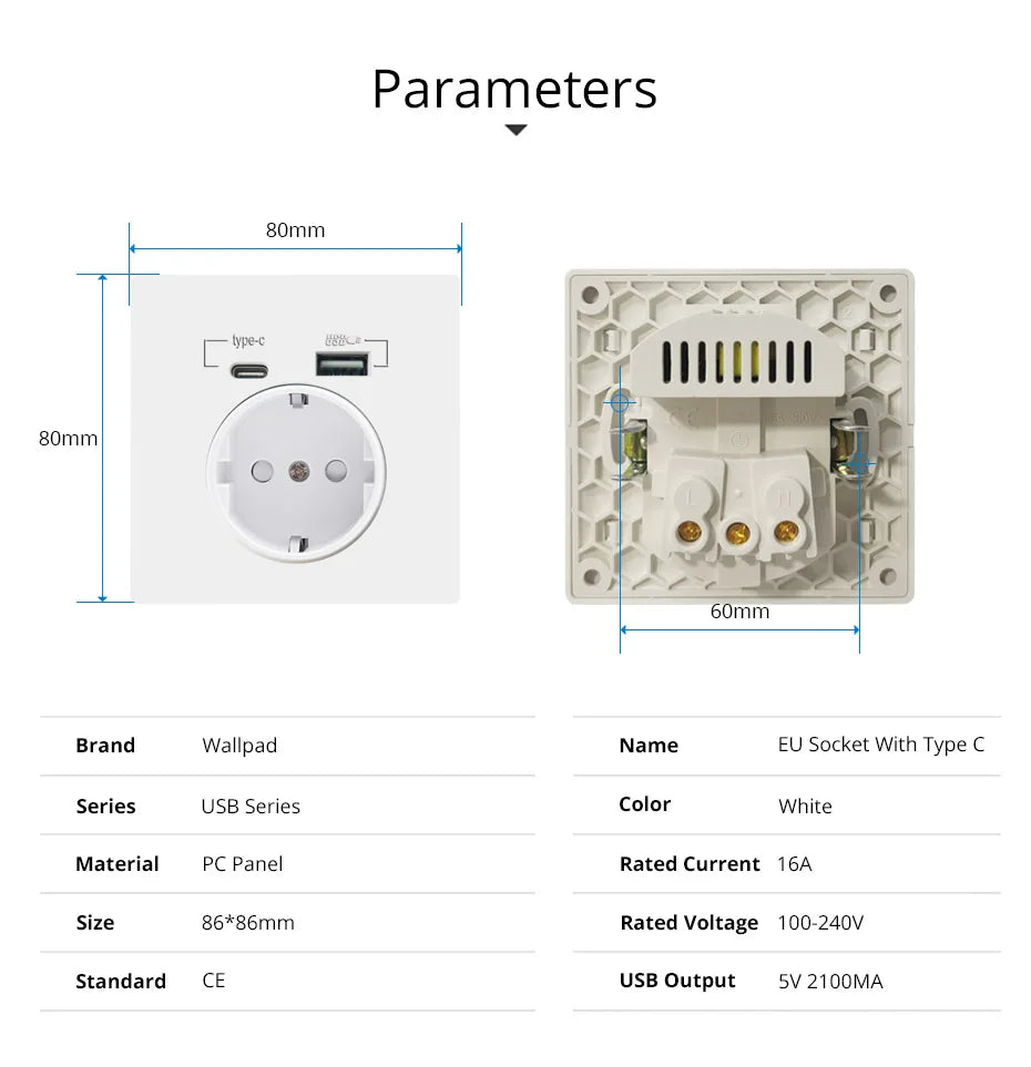 EU Power Socket | With USB Charging Port | and Type C Interface | 2.1A | 16A | PC Panel 86mm | French | Russia | Spain Wall Outlet | Phone Holder