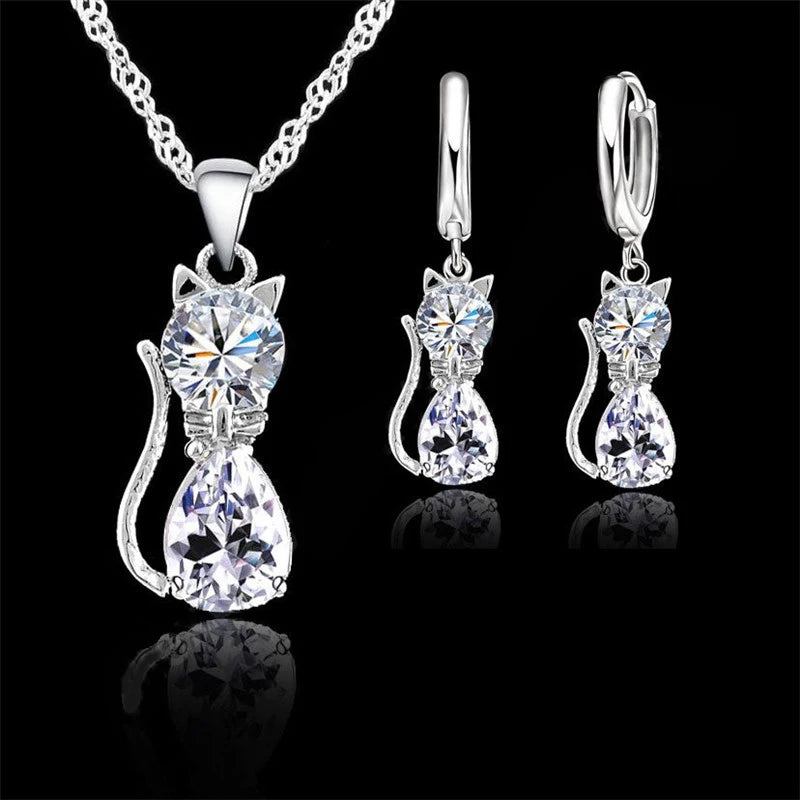 925 Sterling Silver Cat Necklace & Earring Set for Women – Cubic Zirconia Crystal Cute Jewelry Set