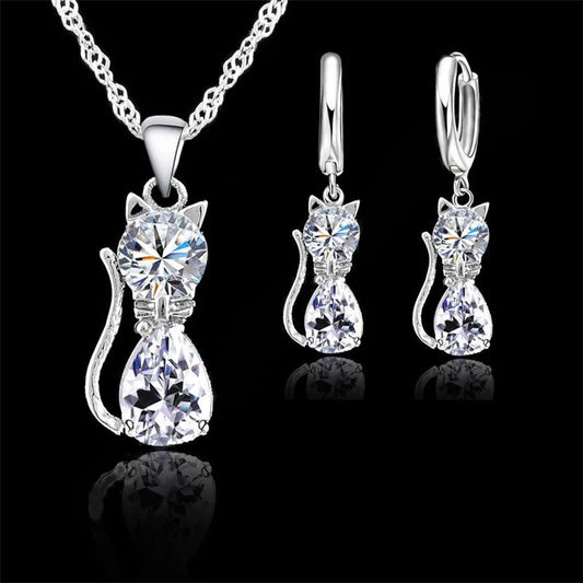925 Sterling Silver Cat Necklace & Earring Set for Women – Cubic Zirconia Crystal Cute Jewelry Set