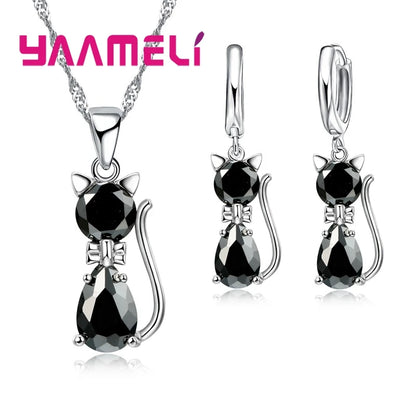 925 Sterling Silver Cat Necklace & Earring Set for Women – Cubic Zirconia Crystal Cute Jewelry Set