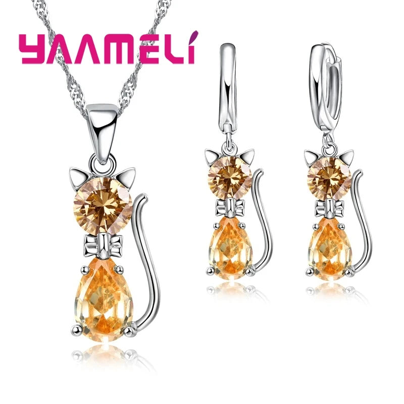 925 Sterling Silver Cat Necklace & Earring Set for Women – Cubic Zirconia Crystal Cute Jewelry Set