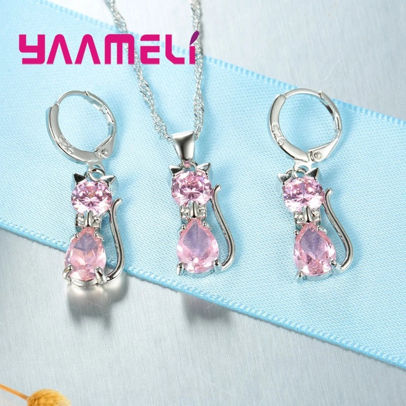 925 Sterling Silver Cat Necklace & Earring Set for Women – Cubic Zirconia Crystal Cute Jewelry Set