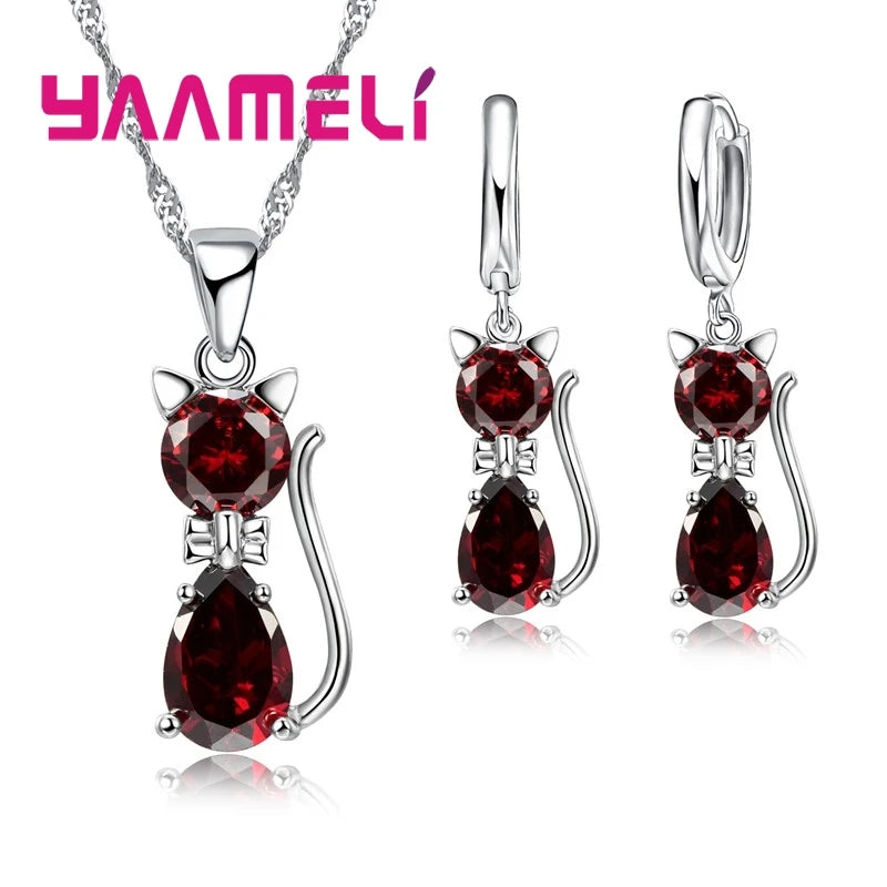 925 Sterling Silver Cat Necklace & Earring Set for Women – Cubic Zirconia Crystal Cute Jewelry Set