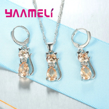 925 Sterling Silver Cat Necklace & Earring Set for Women – Cubic Zirconia Crystal Cute Jewelry Set