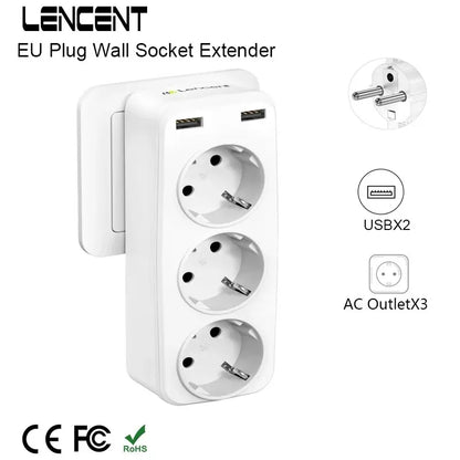 LENCENT EU Plug | 5-in-1 Wall Socket Extender | 3 AC Outlets | 2 USB Ports | Max 4000W | 5V 2.4A Wall Charger | Ideal for Home/Office