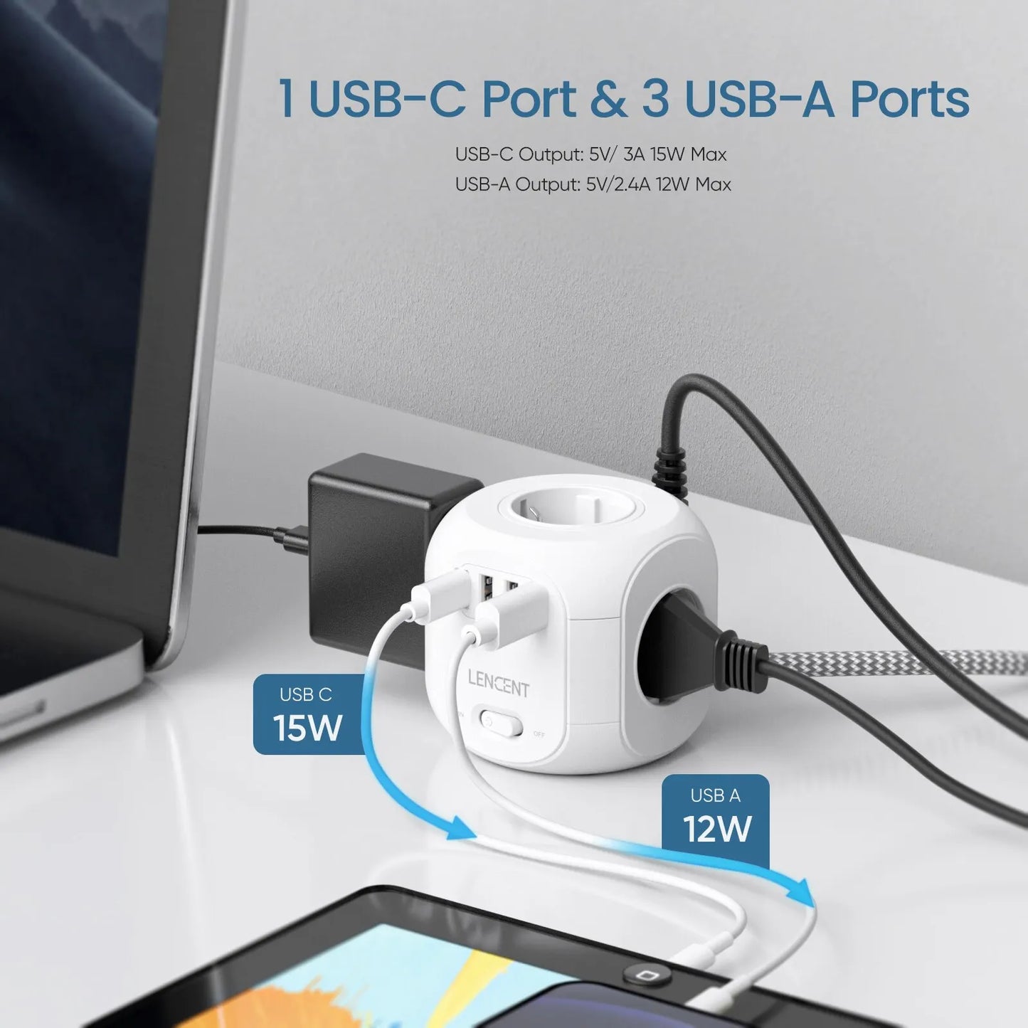 LENCENT EU Plug Power Strip | 4 AC Outlets | 3 USB Port | 1 Type C | 2M/3M Braided Cable | Multi Socket with Switch | for Home