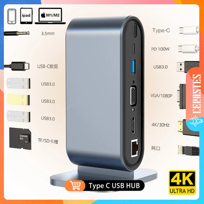 CERASTES Nieuwe USB-C HUB | Type-C naar Multi | 4KHD | RJ45 | VGA | 4 USB 3.0 | PD Power Adapter | Docking Station voor MacBooks | Laptop Hub