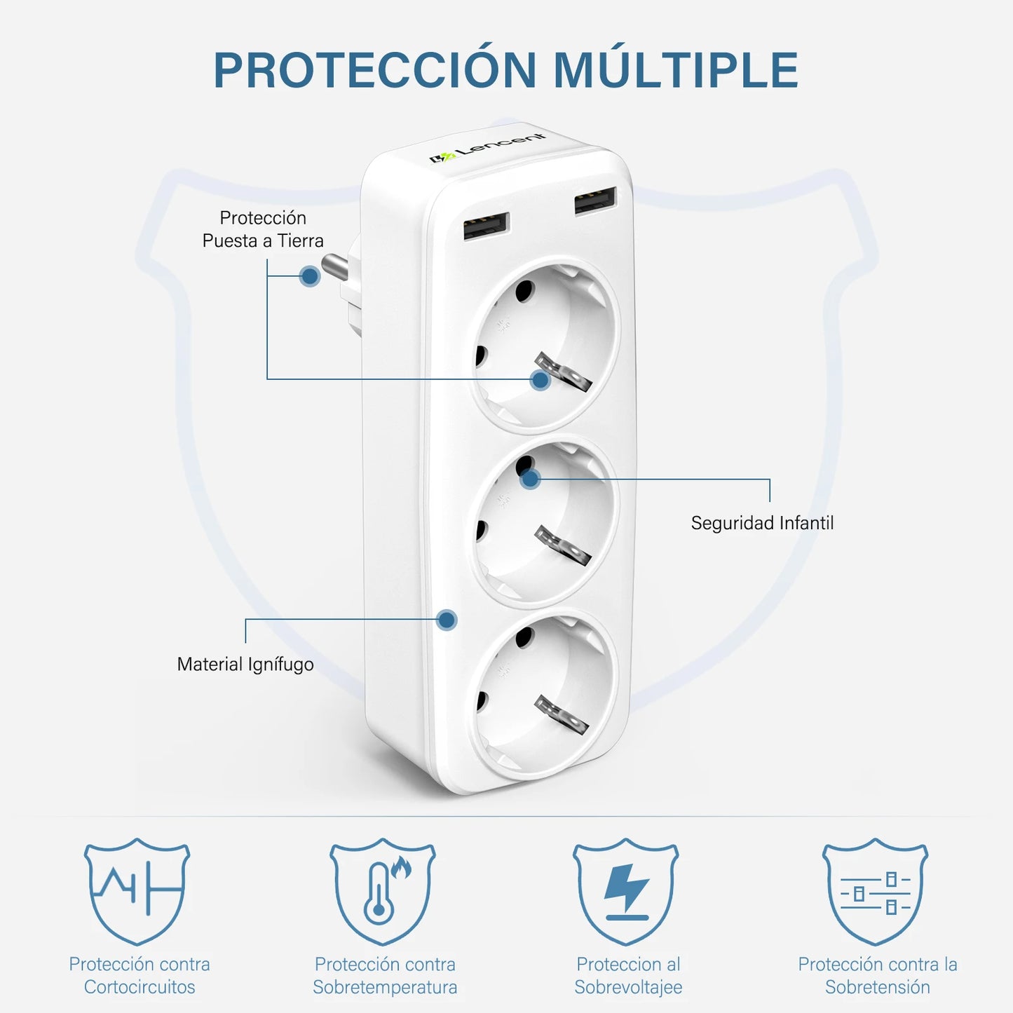 LENCENT EU Plug | 5-in-1 Wall Socket Extender | 3 AC Outlets | 2 USB Ports | Max 4000W | 5V 2.4A Wall Charger | Ideal for Home/Office