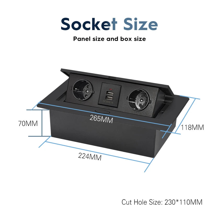 All Aluminum Panel | EU Standard | Hidden Type Table Socket | 3 Way Electrical Outlet | Modular Combination Power | Three Outlet | Household