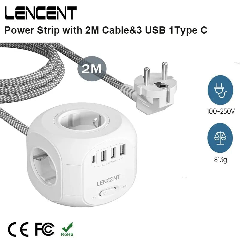 LENCENT EU Plug Power Strip | 4 AC Outlets | 3 USB Port | 1 Type C | 2M/3M Braided Cable | Multi Socket with Switch | for Home