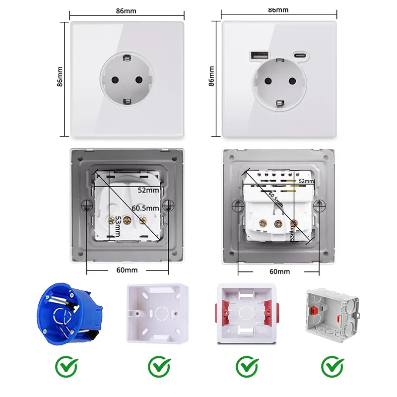 YINKA EU Standard Socket | Tempered Glass | 16A Wall Power Outlet | AC110V-250V | Universal Socket | USB Type-C Charge Port | 5V 2100mA