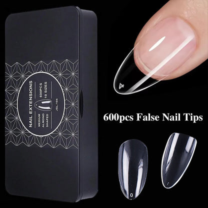 600pcs Transparent Press On False Nail Tips – Full Cover Long Coffin, Stiletto, Almond, Square & Oval Acrylic Nail Extensions