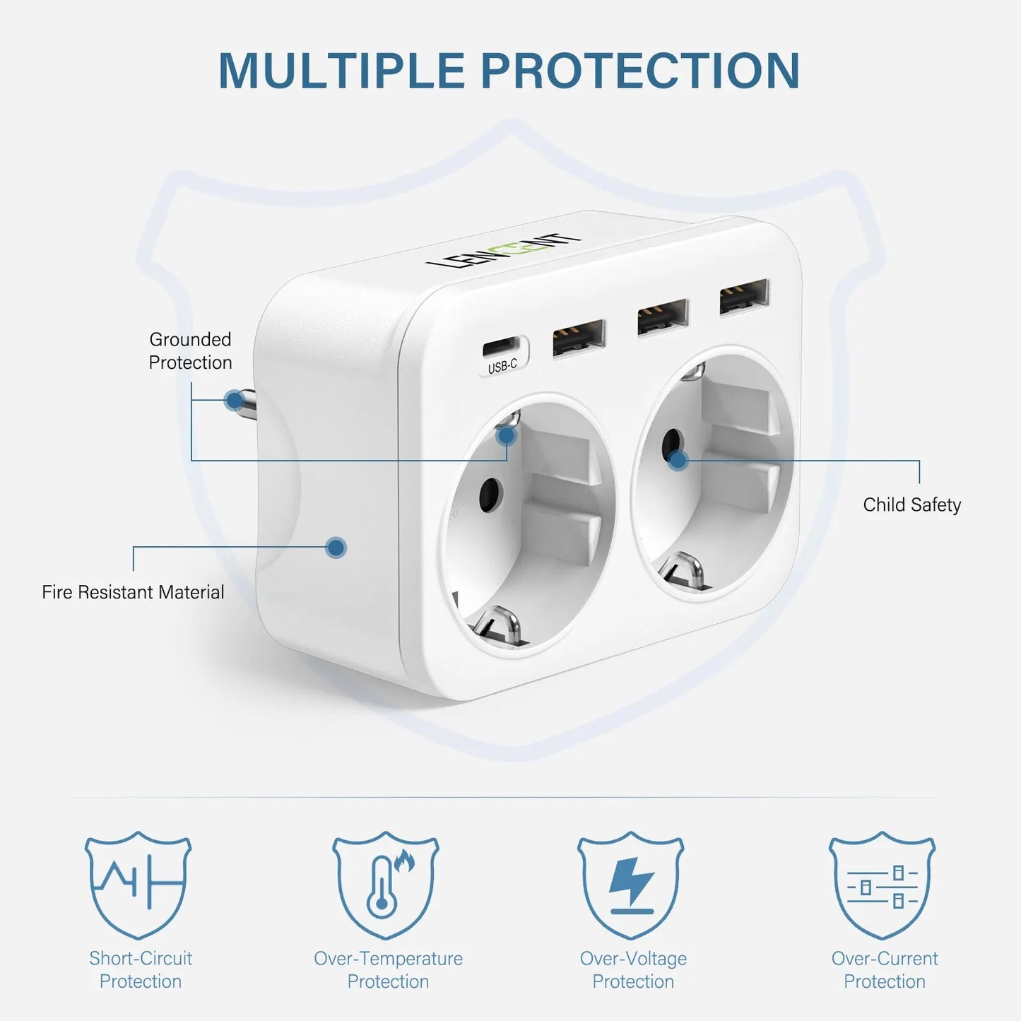 LENCENT EU Wandcontactdoos Extender | 6-in-1 Multi Socket with 2 AC Outlets + 3 USB Ports + 1 Type-C (5V 2.4A) |  | 16A, 4000W Max  | Power Charger Adapter met Overbelastingsbeveiliging | Voor Thuis/Kantoor