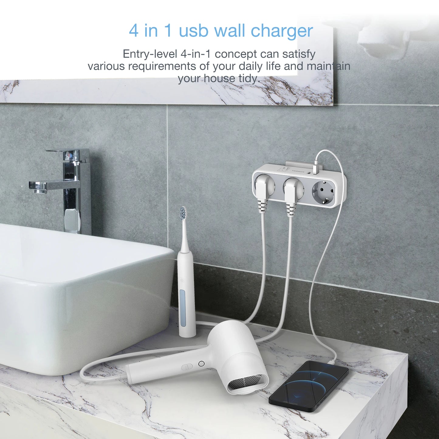 TESSAN Multiple Wall Socket Extender | 3 AC Outlets | 2 USB Ports | Switch | EU Plug Power Socket Adapter | Charger | for Home Travel