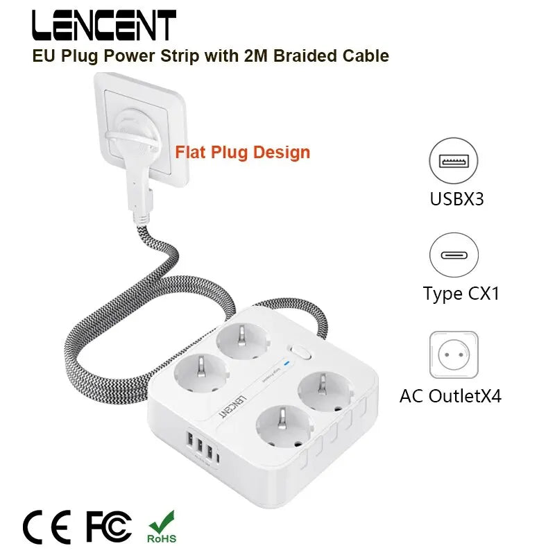 LENCENT EU Plug Power Strip | 4 AC Outlets | 3 USB | 1 Type C | 2M/3M Braided Cable | Multi Socket with Switch | for Home/Office