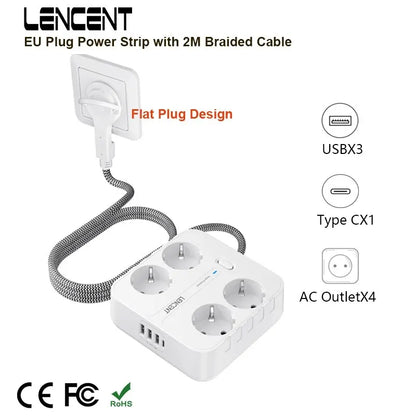 LENCENT EU Plug Power Strip | 4 AC Outlets | 3 USB | 1 Type C | 2M/3M Braided Cable | Multi Socket with Switch | for Home/Office