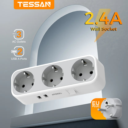 TESSAN Multiple Wall Socket Extender | 3 AC Outlets | 2 USB Ports | Switch | EU Plug Power Socket Adapter | Charger | for Home Travel