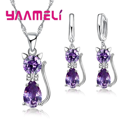 925 Sterling Silver Cat Necklace & Earring Set for Women – Cubic Zirconia Crystal Cute Jewelry Set